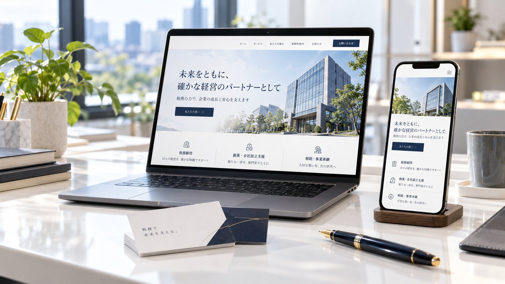 ノートパソコンとスマホに表示したホームページの制作例（架空の事務所）