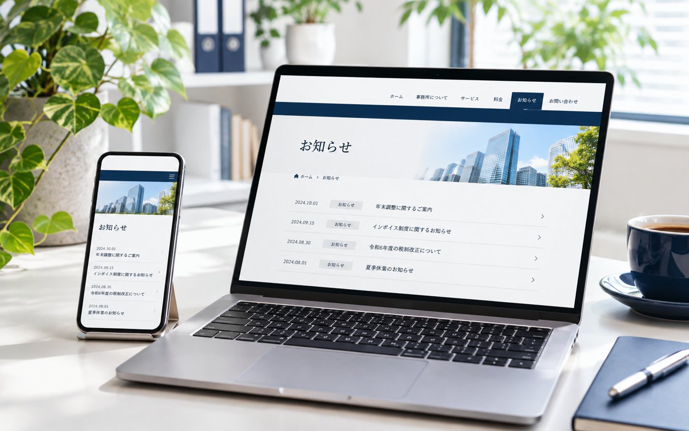 公開後の更新のイメージ（架空の事務所のお知らせページ）
